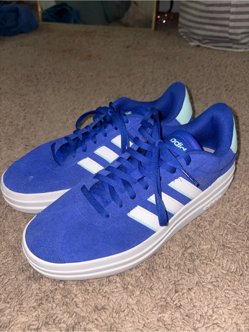 Adidas Women’s Blue Suede Sneakers With White Stripes